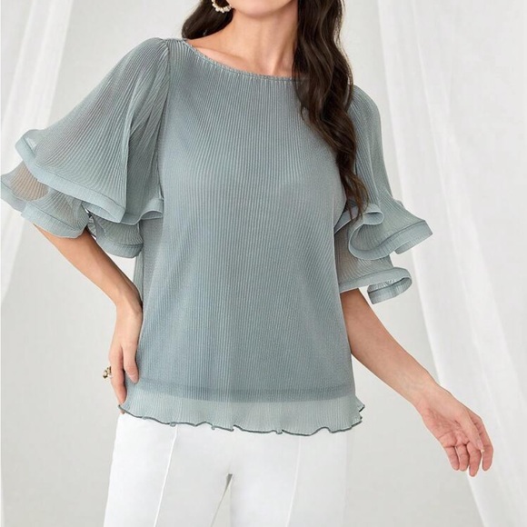 Elegant Sheer Ruffle Bell Sleeve Office Work EveningTop Blouse Shirt - Picture 6 of 6